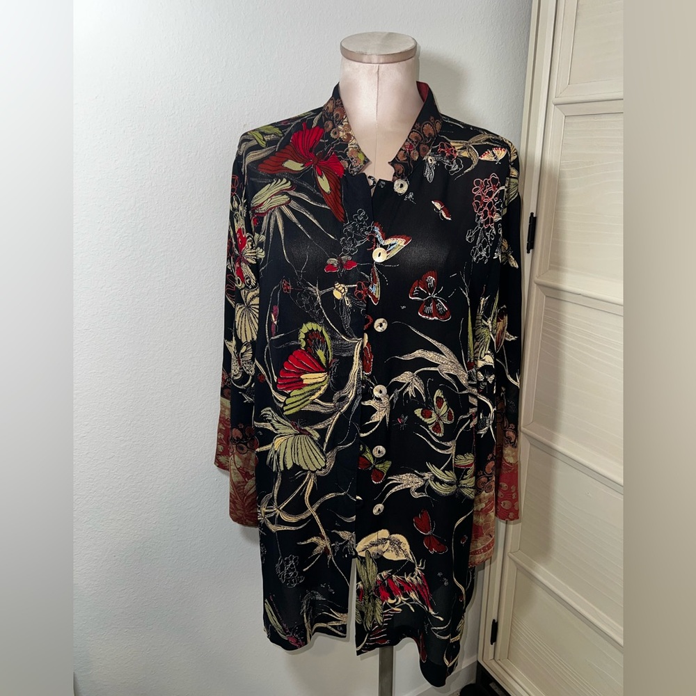Citron 100% Silk Black Floral Button Down Blouse Sz 1X - Picture 3 of 15